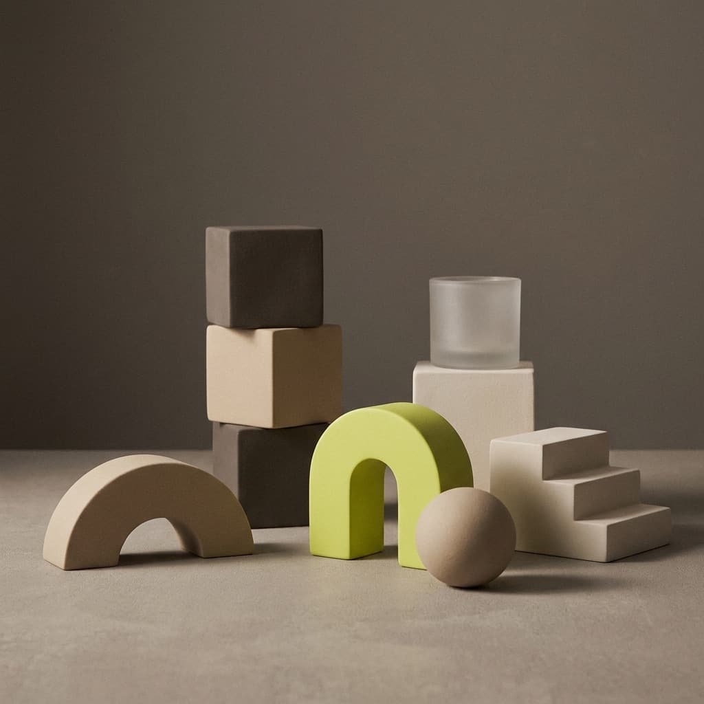 Warm still life of geometric shapes with a lime green arch — ScaleLab's design language